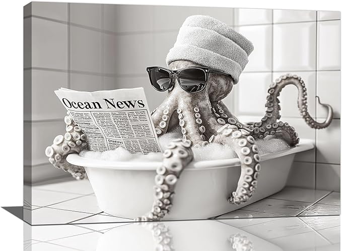 Olivine Octopus Wall Art, Funny Animal Pictures Wall Decor, Black And White Painting, Octopus Bathtub Canvas Prints, Framed Artwork for Bathroom Bedroom Living Room Office Home Decoration 24"x16"