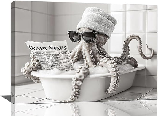 Olivine Octopus Wall Art, Funny Animal Pictures Wall Decor, Black And White Painting, Octopus Bathtub Canvas Prints, Framed Artwork for Bathroom Bedroom Living Room Office Home Decoration 24"x16"