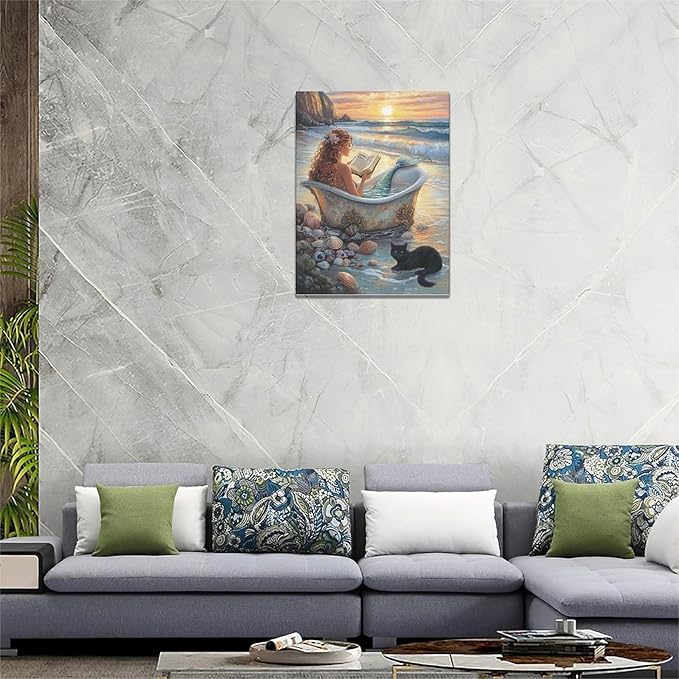 Mermaid Wall Art Beach Coastal Nautical Wall Decor Sunset Cat Pictures Canvas Painting Framed Artwork Home Decorations for Bathroom Living Room Bedroom Office 12"x16"