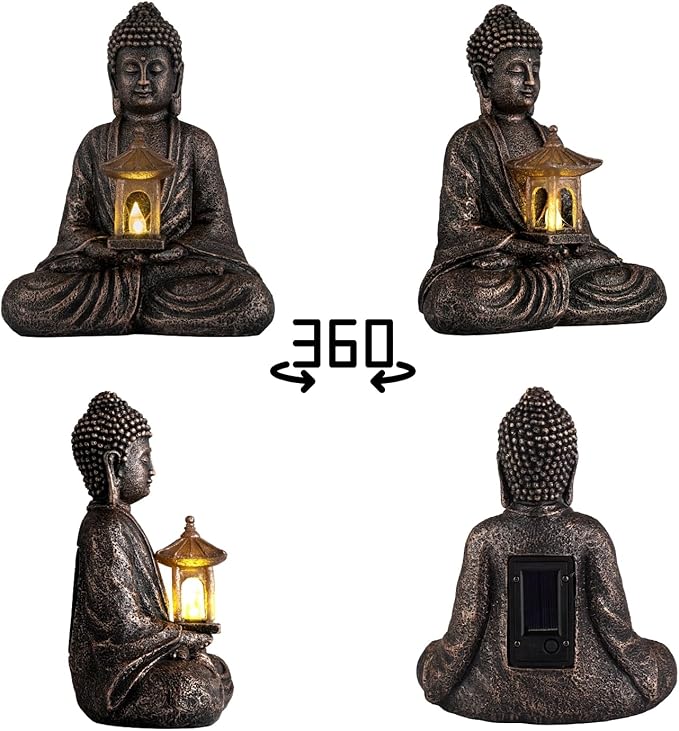 Buddha Garden Statue with Solar Light, Resin Zen Decor for Outdoor Patio or Indoor Meditation, Spiritual Gift for Women and Friends (Copper Pavilion)
