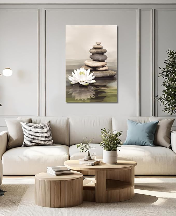 KPLUNDO Zen Wall Art Lotus Canvas Print Bathroom Decor Spa Stone Picture Meditation Painting Vintage Artwork for Spiritual Room Living Room Office Modern Home Decor Frame(Art-3,12.00x18.00 inch)