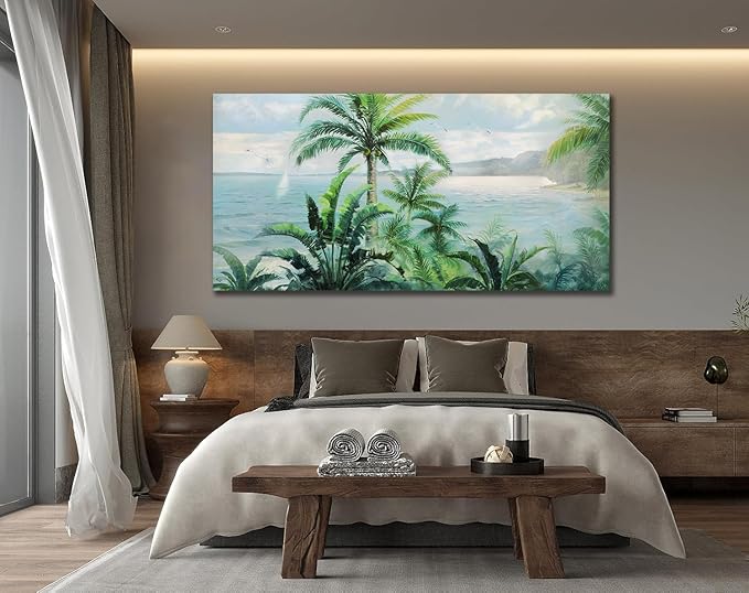 Anolyfi Palm Tree Picture Green Tropical Wall Art for Living Room Landscape Large Canvas Painting Nature Seascape Textured Artwork Framed Bedroom Kitchen Hallway Office Home Decor 58"x29"