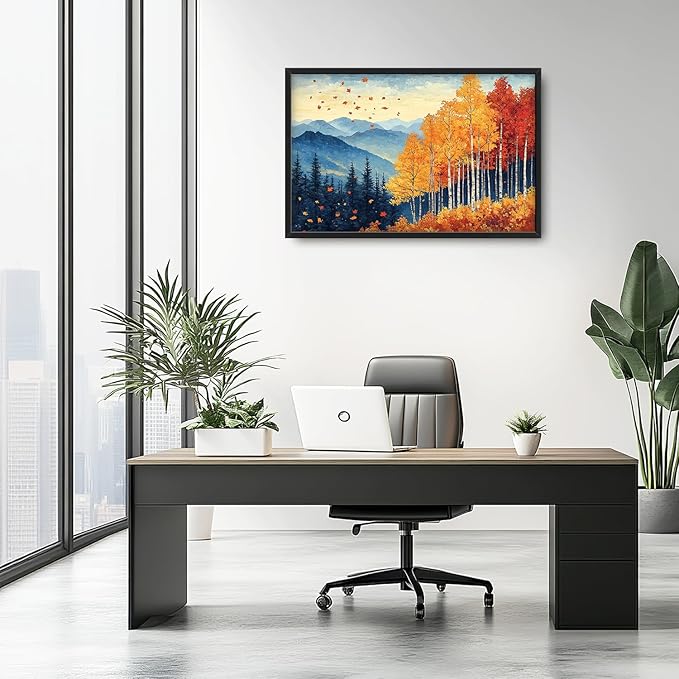 Fall Maple Leaf Large Wall Art Autumn Leaves Pictures Wall Decor Mountain Canvas Landscape Painting Modern Artwork Home Decoration for Living Room Bathroom Bedroom Office Framed 36"x24"