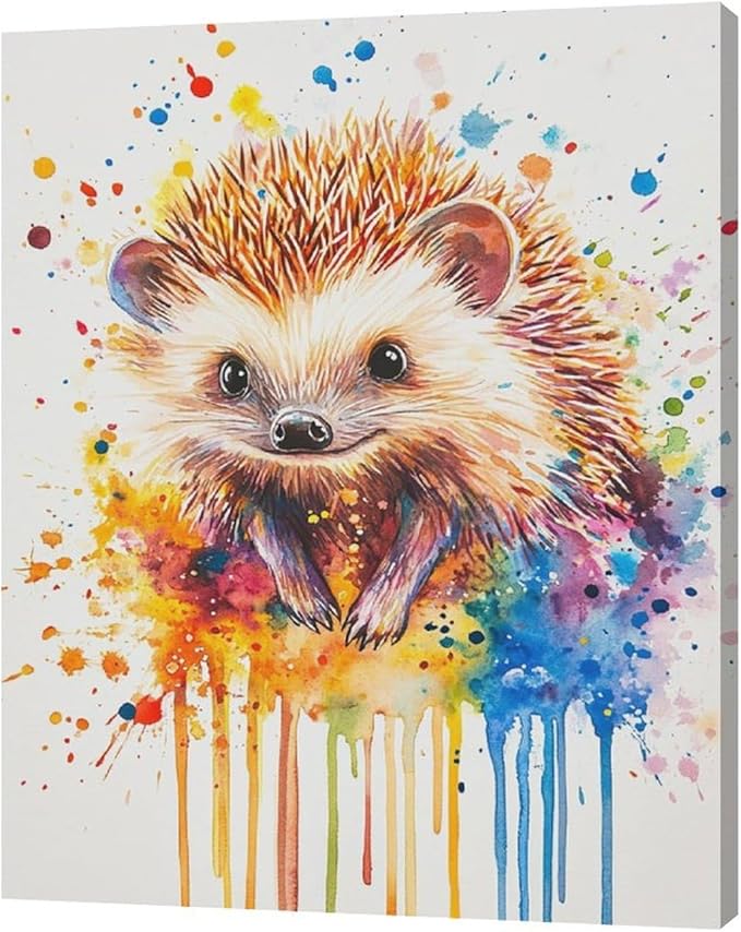 Fleruku Watercolor Hedgehog Wall Art Colorful Hedgehog Wall Decor Cute Animal Pictures Canvas Painting Artwork Home Decorations for Living Room Bedroom Bathroom Office Nursery Classroom 16"x20"