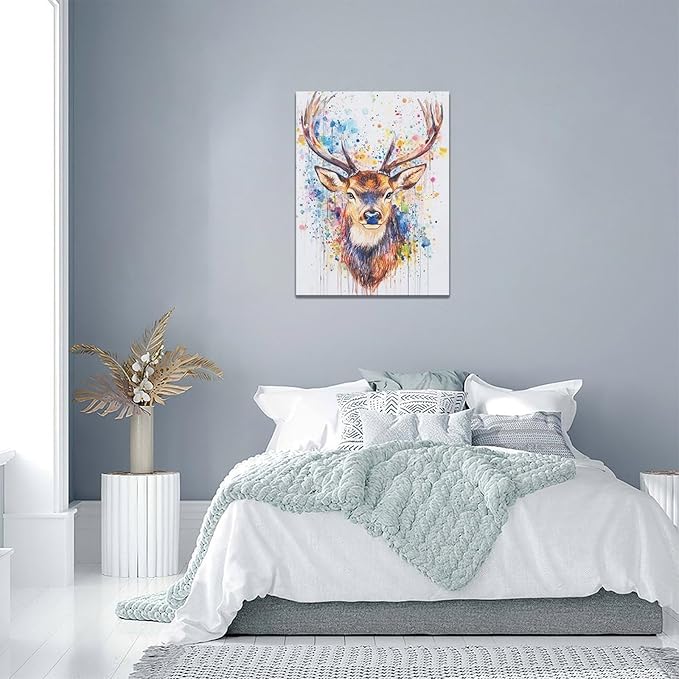 Fleruku Watercolor Deer Wall Art Colorful Elk Wall Decor Antlers Pictures Animal Canvas Painting Artwork Home Decorations for Living Room Bedroom Bathroom Office Nursery Classroom 12"x16"