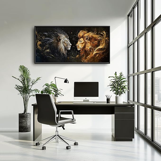 SweetFox Extra Large Lion King Framed Wall Art for Living Room, Lion and Golden Lioness Pictures Oversized Wall Decor Abstract Canvas Painting Print Artworks for Bathroom Master Bedroom 60L X 30W