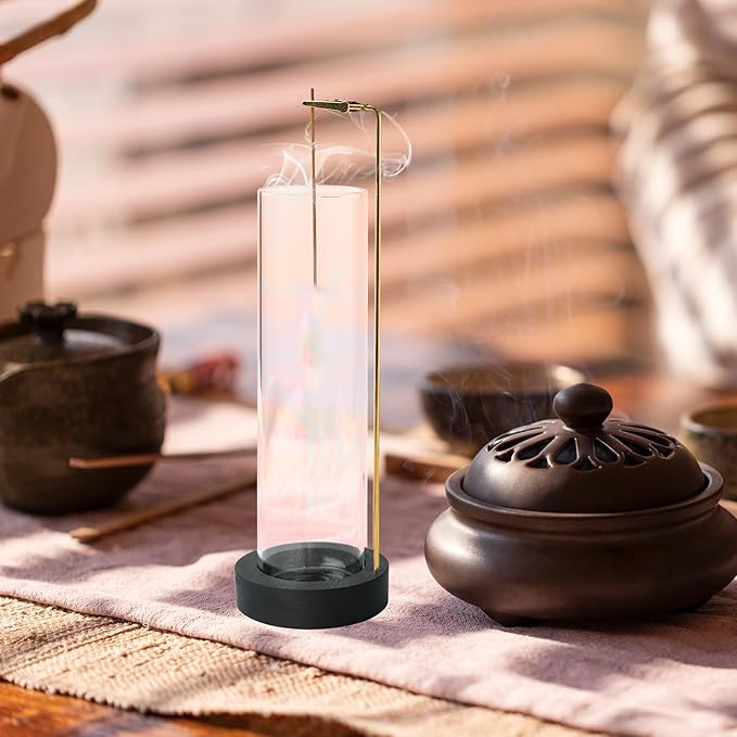 Incense Holder for Sticks, Anti-Ash Flying Incense Burner with 30 Incense Sticks, Detachable Glass Ash Catcher