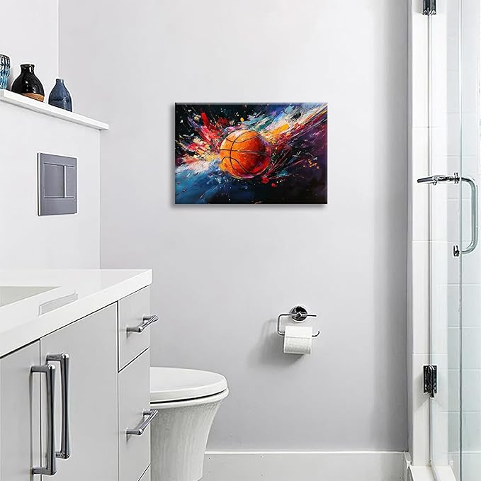 Olivine Basketball Wall Art, Graffiti Sports Picture, Colorful Sport Canvas Print Painting, Framed Artwork for Bathroom Bedroom Living Room Office Home Decoration 24"x16"