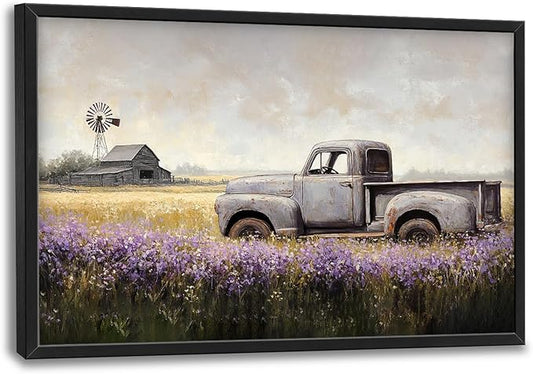 Rustic Truck Wall Art Farmhouse Barn Pictures Wall Decor Lavender Prints Modern Artwork Country Landscape Painting Home Office Decorations For Kitchen Bathroom Bedroom Dining Living Room 36"x24"