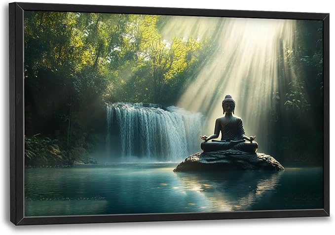SweetFox Extra Large Buddha Framed Wall Art for Living Room, Zen Buddha Statue Pictures Oversized Wall Decor Forest Waterfall Big Canvas Painting Print Artwork for Bathroom Master Bedroom 36L X 24W