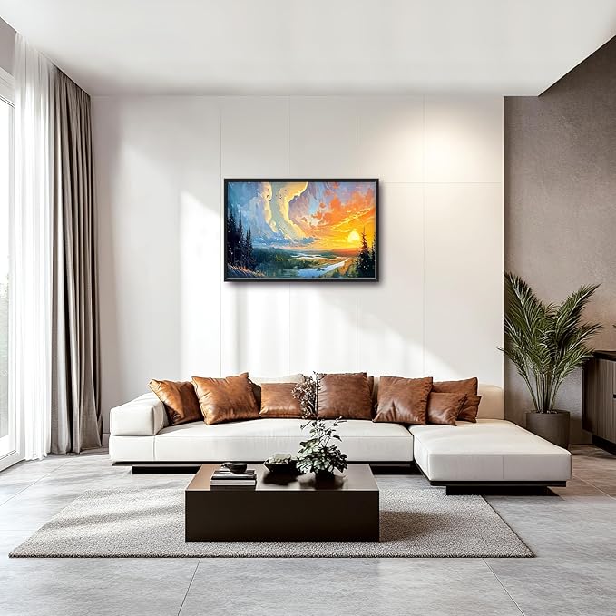 Framed Large Sun Landscape Wall Art for Living Room, Oversized Forest Wall Decor Lake Sunrise Canvas Print Nature Picture Home Decoration for Bedroom Living Room Office 36"x24"