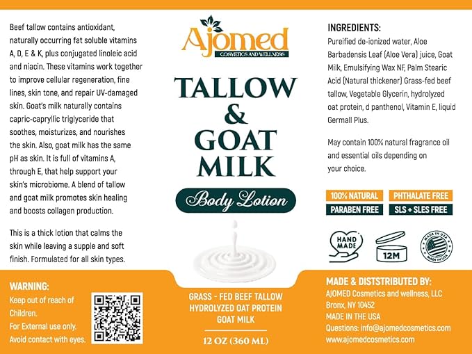 Tallow & Goat Milk Body Lotion for Sensitive Skin, Organic moisturizing Lotion - Soothes Dry skin, Goat Milk face and body Moisturizer - Handmade Tallow for skin cream (12 OZ, Oatmeal & Honey)