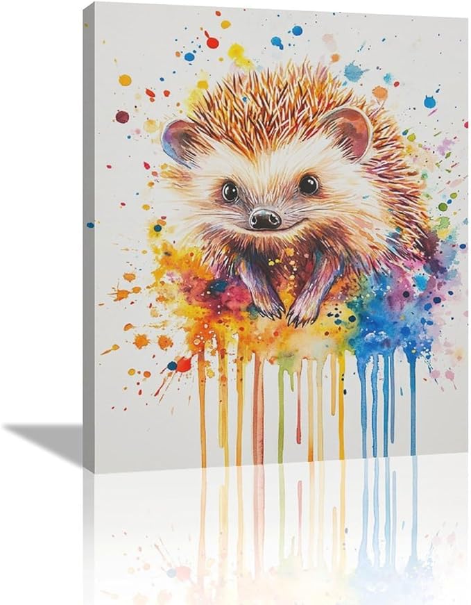 Fleruku Watercolor Hedgehog Wall Art Colorful Hedgehog Wall Decor Cute Animal Pictures Canvas Painting Artwork Home Decorations for Living Room Bedroom Bathroom Office Nursery Classroom 20"x24"