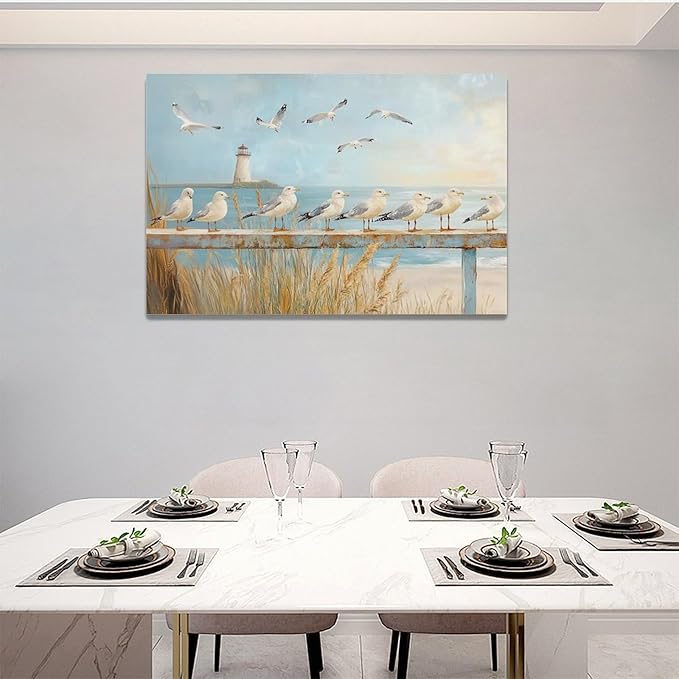 Olivine Beach Wall Art, Coastal Seagull Lighthouse Bathroom Pictures, Nautical Canvas Prints Painting for Living Room Bedroom Dinning Room Kitchen 24x16 Inch Framed