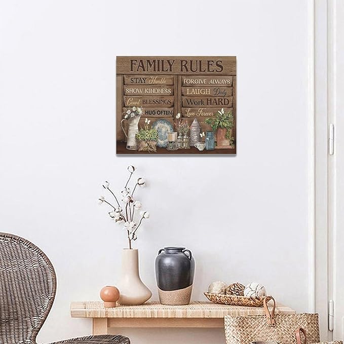 Country Family Rules Wall Art Farmhouse Inspiration Wall Decor Rustic Flower Home Sign Pictures Canvas Painting Artwork Home Decorations For Living Room Bedroom Bathroom Office 20"x16"