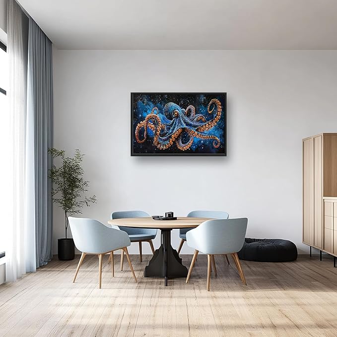 Octopus Wall Art Blue Space Octopus Pictures Wall Decor Galaxy Canvas Prints Framed Artwork Paintings Coastal Home Office Decorations for Living Room Bedroom Dinning Room 36"x24"
