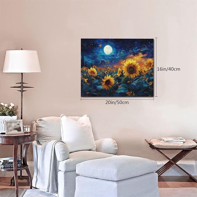 Sunflower Canvas Wall Art Starry Night Pictures Painting Yellow Floral Wall Decor Prints Framed Artwork Decoration for Living Room Bedroom Bathroom Dining Room Office 16"x20"