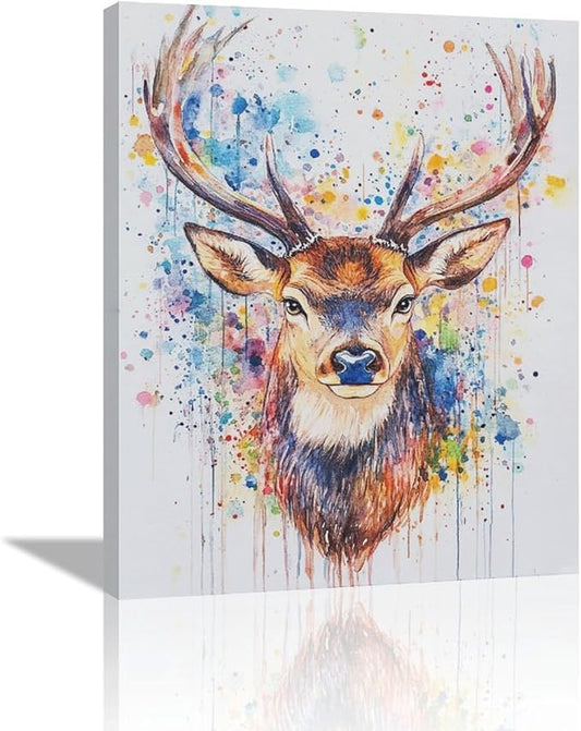 Fleruku Watercolor Deer Wall Art Colorful Elk Wall Decor Antlers Pictures Animal Canvas Painting Artwork Home Decorations for Living Room Bedroom Bathroom Office Nursery Classroom 16"x20"
