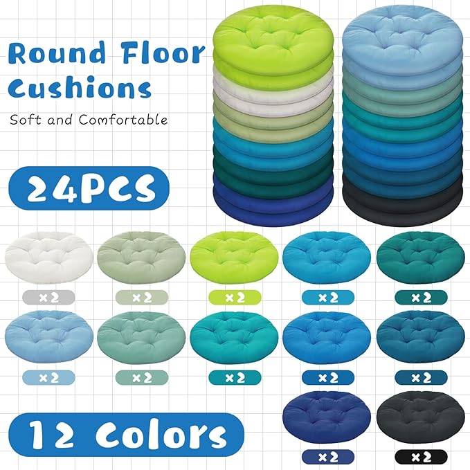 24 Pcs Round Floor Cushions Floor Pillows Meditation Seat Pillows Flexible Seating for Adults Kids, Chair Cushions for Classroom, Nursery, Living Room, Yoga(Medium 15.7 Inch,Blue-Green)