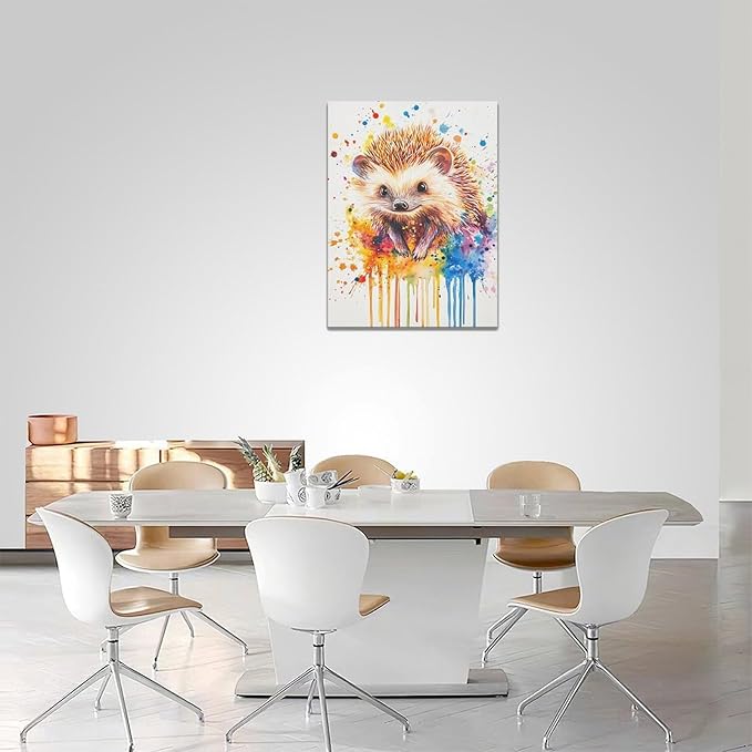 Fleruku Watercolor Hedgehog Wall Art Colorful Hedgehog Wall Decor Cute Animal Pictures Canvas Painting Artwork Home Decorations for Living Room Bedroom Bathroom Office Nursery Classroom 12"x16"
