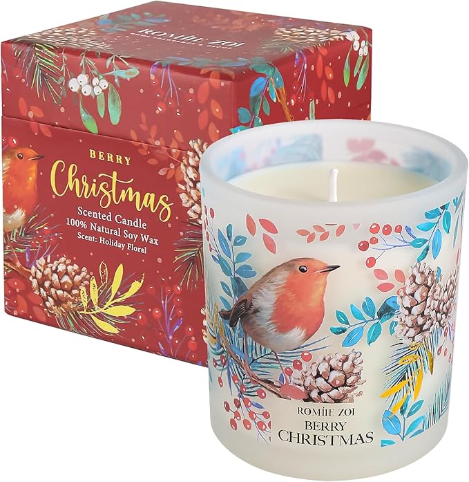 Christmas Scented Jar Candle - 6oz Soy Wax Candle - Berry Christmas Infused with Holiday Floral Aroma - with Beautiful Keepsake Box Special for Christmas/Holiday Gifts