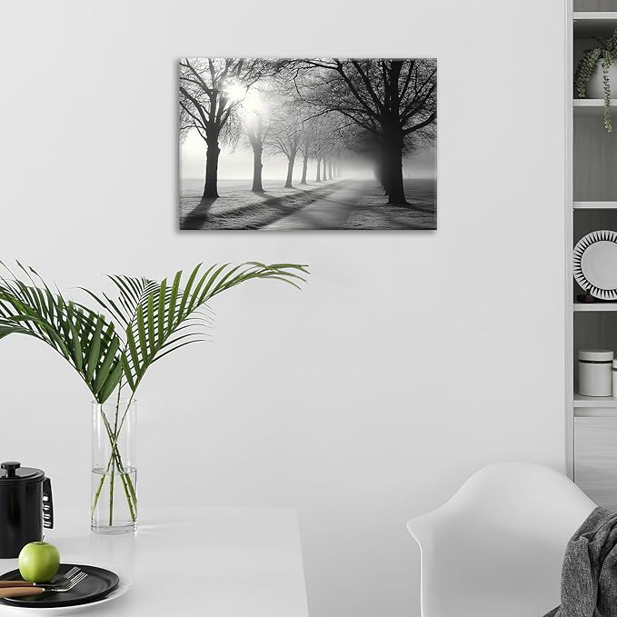 Olivine Tree Wall Art, Black And White Pictures Wall Decor, Mist Forest Painting Nature Lanscape Canvas Prints, Framed Artwork for Bathroom Bedroom Living Room Kitchen Office Home Decoration 24"x16"