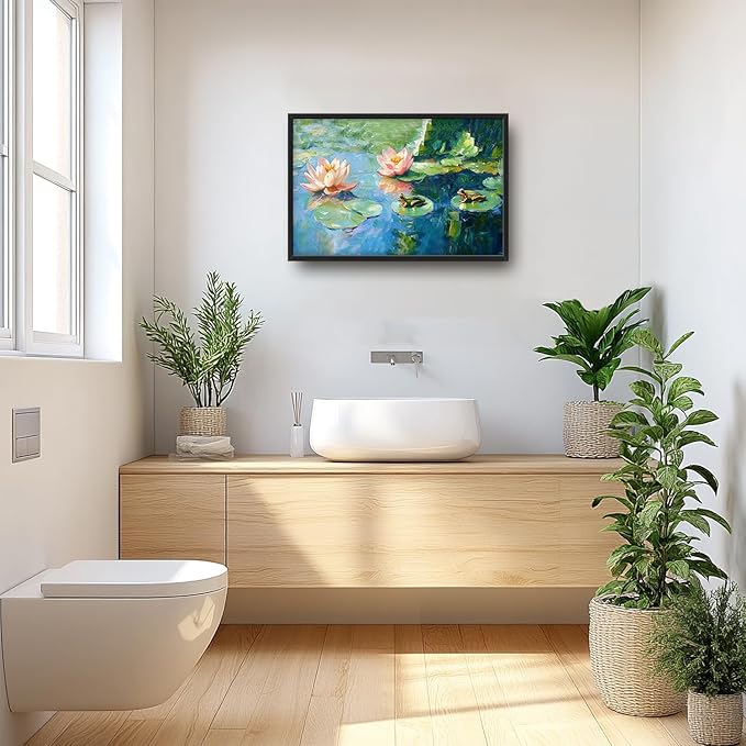 SweetFox Extra Large Frog Lilly Framed Wall Art for Living Room, Colorful Lotus Pictures Oversized Wall Decor Abstract Big Canvas Painting Print Home Artworks for Bathroom Master Bedroom 36L X 24W