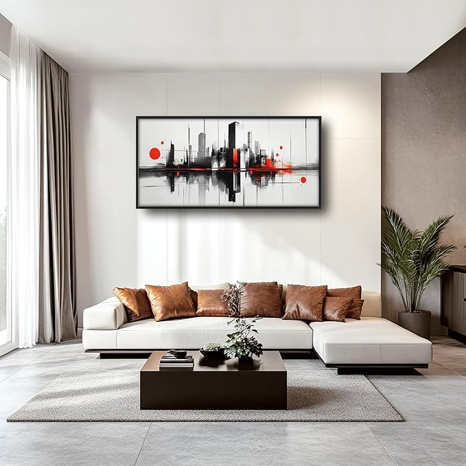 Black White Red City Wall Art City Skyline Large Pictures Wall Decor Abstract Canvas Prints Painting Framed Artwork Decoration Above Bed for Bedroom Living Room Gallery Office 60"x30"