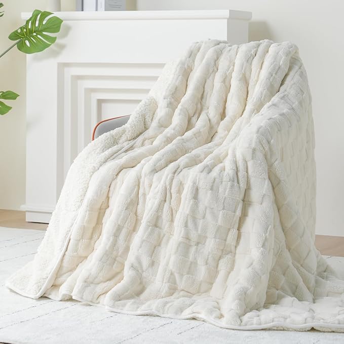 Kivik Dual Sided Weighted Blankets for Adults, Buttery Soft Stylish Checkered Heavy Blankets for Couch Sofa Bed - Ultra-Fluffy Fabric Brings Cloud-Like Comfort (48"x72", Beige, 15 Pounds)