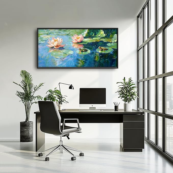 SweetFox Extra Large Frog Lilly Framed Wall Art for Living Room, Colorful Lotus Pictures Oversized Wall Decor Abstract Big Canvas Painting Print Home Artworks for Bathroom Master Bedroom 60L X 30W