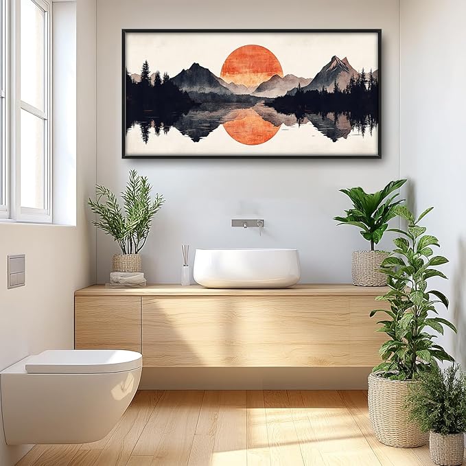 SweetFox Large Forest Mountains Reflection Framed Wall Art for Living Room, Natural landscape Pictures Oversized Wall Decor Abstract Canvas Painting Print Artwork for Bathroom Bedroom 60L X 30W