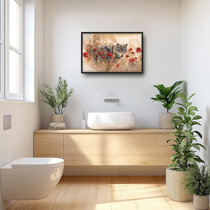 SweetFox Extra Large Watercolor Wolf Framed Wall Art for Living Room, Wild Flowers Wolf Pictures Oversized Wall Decor Abstract Canvas Painting Print Artwork for Bathroom Master Bedroom 36L X 24W