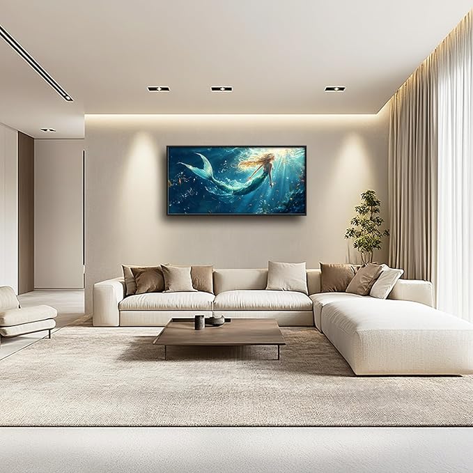 Framed Large Wall Art for Living Room, Beach Mermaid Canvas Wall Decor, Large Ocean Picture Framed Painting, Modern Artwork for Bedroom Office 60L'' × 30W''