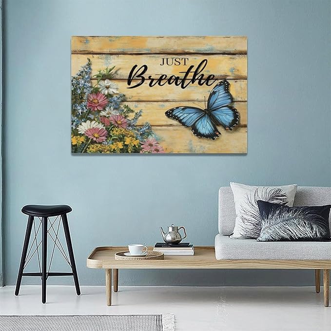 Olivine Butterfly Wall Art, Butterflies Flower Pictures Wall Decor, Just Breathe Painting, Vintage Farmhouse Canvas Prints, Framed Artwork for Living Room Bedroom Bathroom Kitchen Office Home 24"x16"