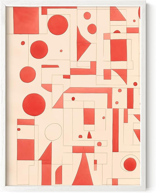 HAUS AND HUES Colorful Abstract Wall Art - Minimalist Retro Picture for Living Room Decor, Red and Pink Modern Wall Art Painting (Red Geometric, White Frame, 12x16)