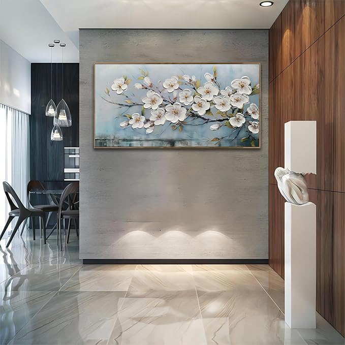 Anolyfi Large White Textured Flowers Wall Art for Living Room Canvas Painting, Modern Elegant Landscape Artwork for Bedroom Hallway Kitchen Office Home Decor, Wood Framed 40"x20"