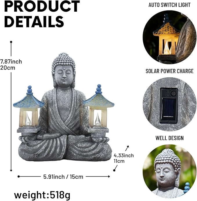 Meditating Buddha Statue with Solar Lights, Zen Garden Decor for Home, Patio, Yard, Outdoor – Unique Gift for Women and Friends(Two Pavilions)