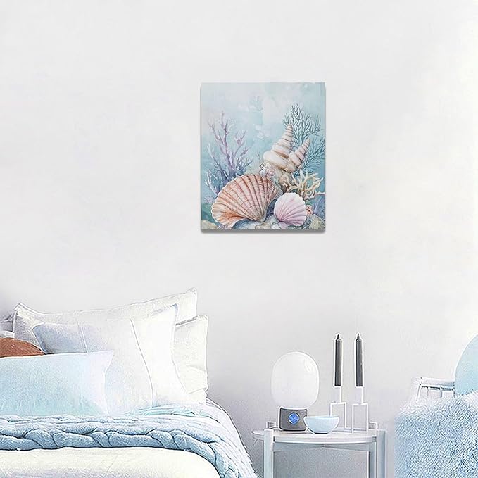 Fleruku Beach Coral Shells Wall Art Nautical Sea Wall Decor Ocean Pictures Canvas Painting Artwork Home Decorations for Living Room Bedroom Bathroom Office Nursery 20"x24"