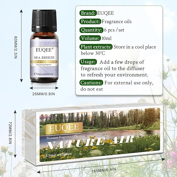 Nature Air Premium Grade Scented Oils Gift Set - Sea Breeze, Forest Pine, Bamboo & Teak, Cedarwood, Sandalwood, Freesia (10ml)