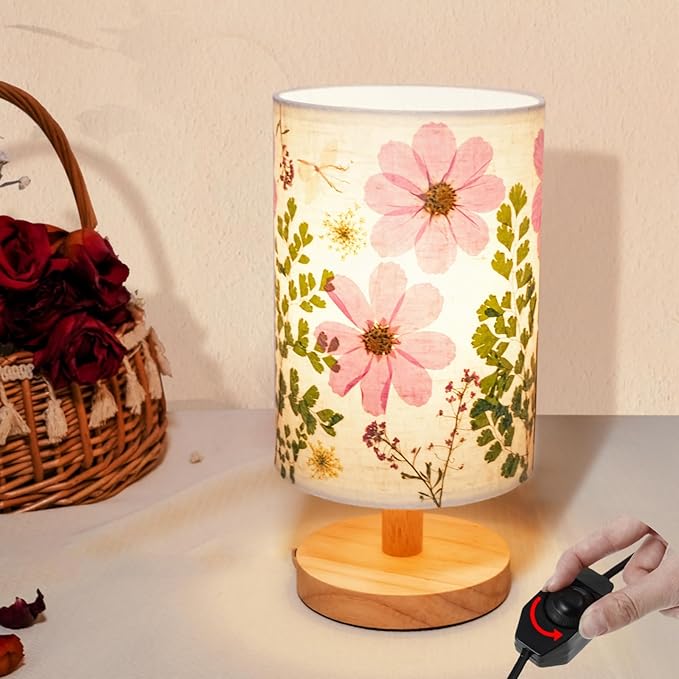 Dried Flowers Table Lamp 9W LED Dimmable Warm Light Pressed Flower Bedside Lamp Linen Shade with Wood Base for Bedroom Living Room Desk Office