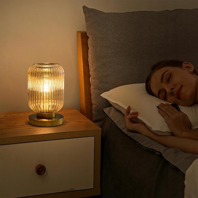 Glass Table Lamps Mid Century Modern Globe, Dimmable Amber Glass Table Lamp for Nightstand, Small Gold Table Lamp, Amber Pumpkin Design Ribbed Vintage Bedside Lamp for Bedroom Living Room Office