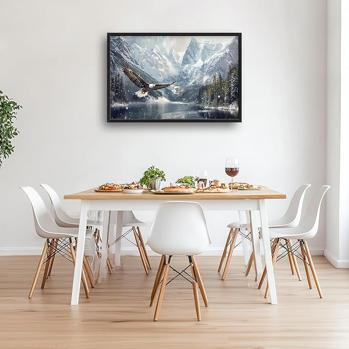 Winter Wall Art Snowy Mountain Lake Soaring Bald Eagle Pictures Wall Decor Large Canvas Prints Framed Artwork Paintings Home Office Decorations for Living Room Bedroom Dinning Room 36"x24"