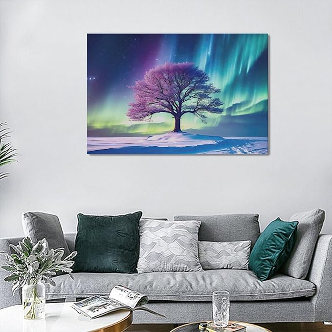 Northern Lights Bathroom Decor Aurora Wall Art Tree canvas Snow Painting Canvas Prints Framed Artwork for Bathroom kitchen Bedroom Living Room 24"x16"