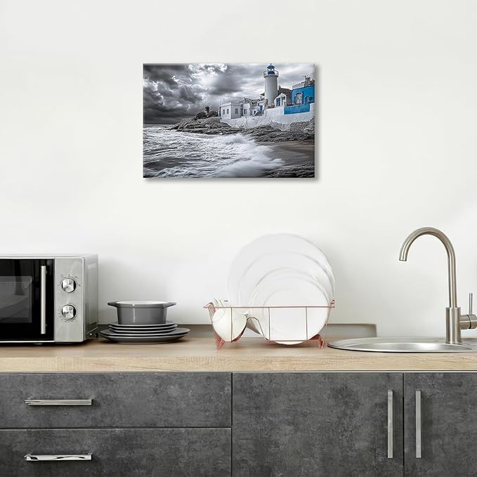Olivine Beach Wall Art, Coastal Lighthouse Pictures Wall Decor, Black And White Painting, Nautical Canvas Prints, Framed Artwork for Bathroom Bedroom Living Room Office Home Decoration 24"x16"
