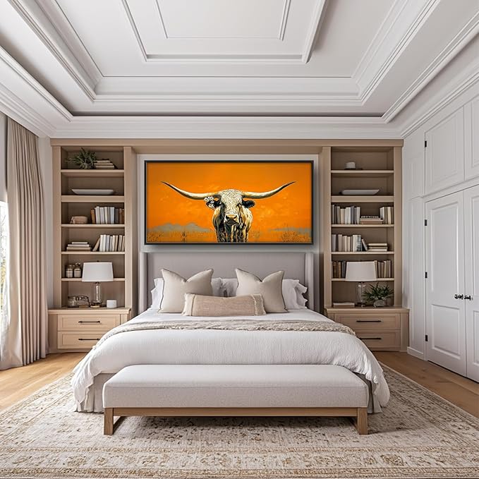 SweetFox Extra Large Western Longhorn Steer Framed Wall Art for Living Room, Farmhouse Cow Pictures Oversized Wall Decor Abstract Canvas Painting Print Artworks for Bathroom Master Bedroom 60L X 30W