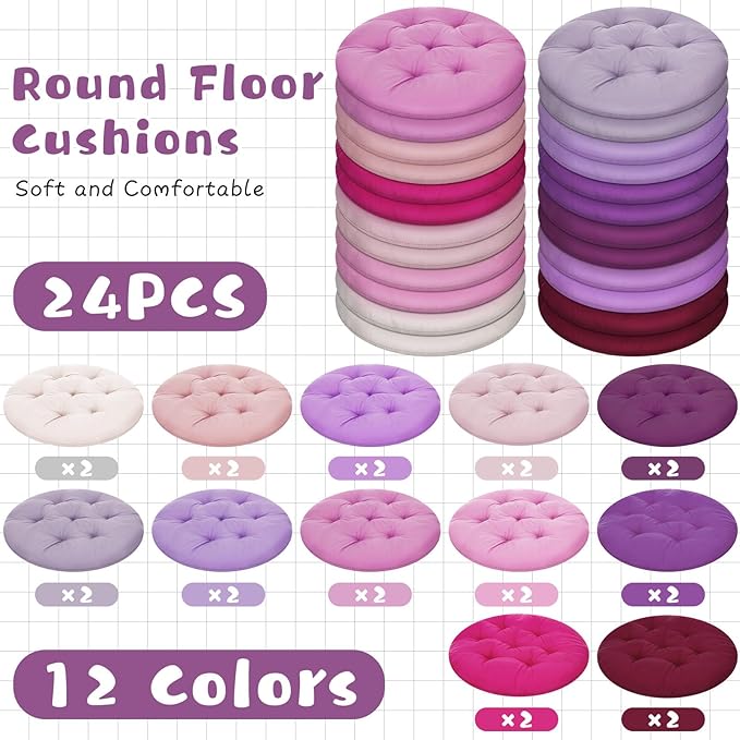 24 Pcs Round Floor Cushions Floor Pillows Meditation Seat Pillows Flexible Seating for Adults Kids, Chair Cushions for Classroom, Nursery, Living Room, Yoga(Medium 15.7 Inch,Pink-Purple)