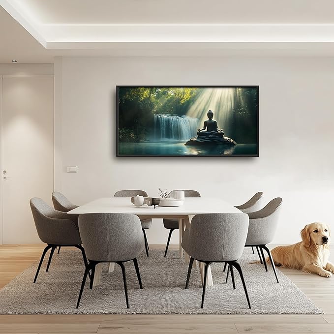 SweetFox Extra Large Buddha Framed Wall Art for Living Room, Zen Buddha Statue Pictures Oversized Wall Decor Forest Waterfall Big Canvas Painting Print Artwork for Bathroom Master Bedroom 60L X 30W