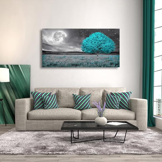 Tree of Life Wall Art Picture Canvas Prints Room Wall Décor Blue Tree with Full Moon Paintings for Living Room Bathroom Bedroom Home Kitchen Decorations Natural Artwork Wooden Framed 20x40inches