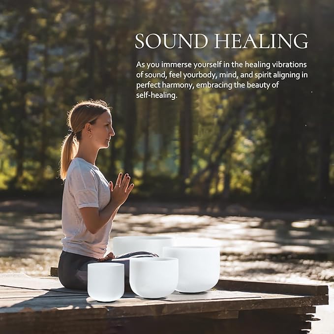 Singing Bowl Set of 4 PCS 6" A Note 8" F Note 10" G Note 12" C Note Frosted Chakra Quartz Crystal Sound bowls With Carry Case Bag.