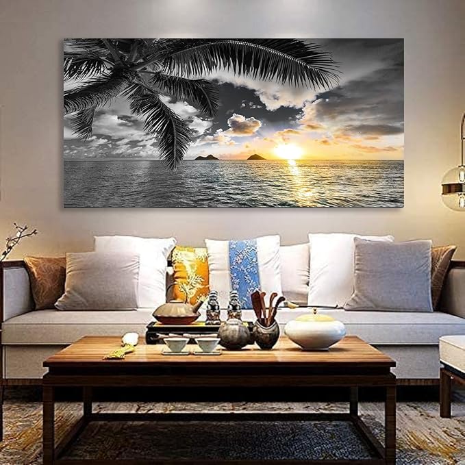 Bamdeya Wall Decor Bedroom Black and White Beach Wall Art Palm Sunset Seascape Pictures Wall Art Living Room Canvas Prints Art Ocean Room Decor Poster Painting Home Office Decoration Scenery Artwork